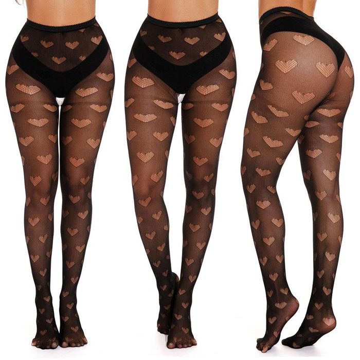 Seksowne rajstopy kabaretki pełne z wzorem pełne serduszka czarny