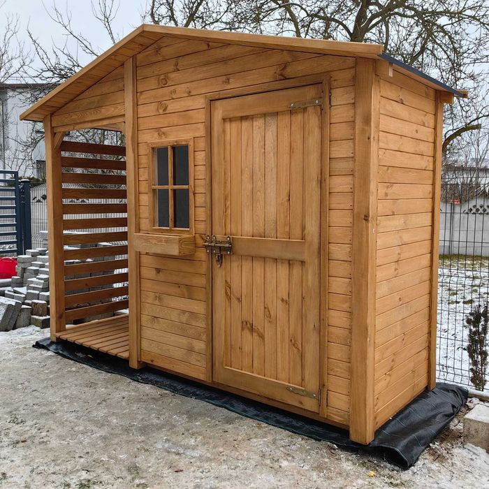 Domek narzędziowy 2 x 1,1m z  drewutnią 1,14 x 1,1m z dachem prostym