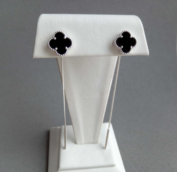 Серебряные серьги протяжки Van Cleef Ван Клиф черне оникс белые