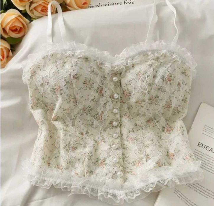 Nowy crop top damski koronkowy gorset bluzeczka gorsetowa z perełkami