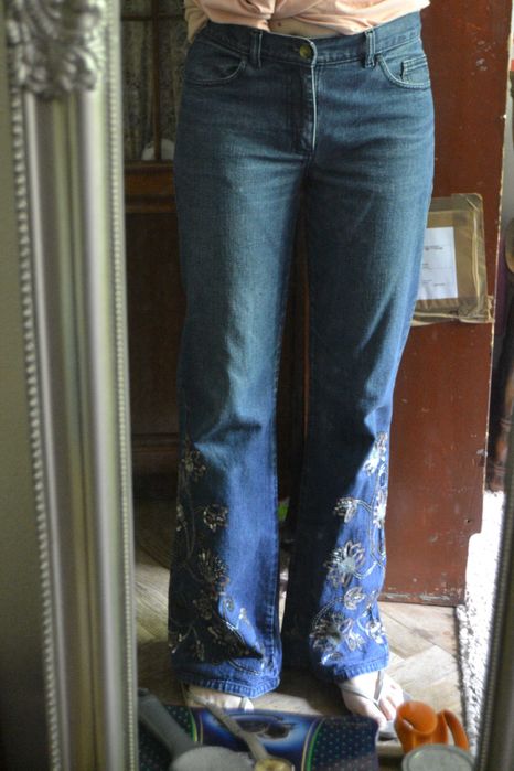 Jeansy vintage rozszerzane złote kwiaty cekiny 38-40 M/L