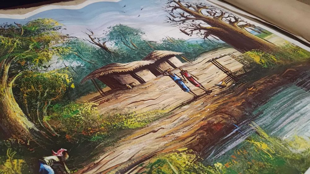 Pintura africana em tela – Cena rural tradicional em Angola