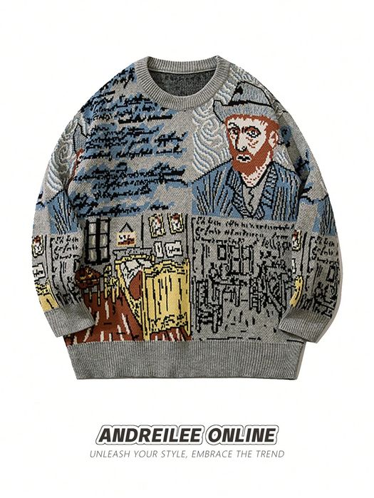Sweter męski inspirowany obrazem van gogha szary casual SHEIN M