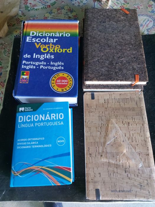 2 dicionários e 3 blocos de apontamentos