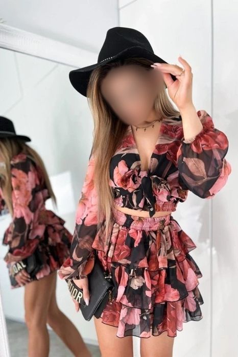 Letni komplet szyfonowy kwiaty top spódniczka Excellence S 36