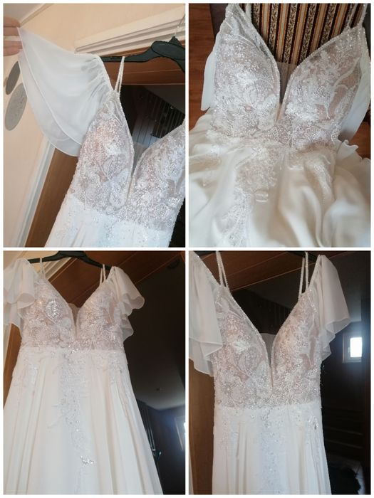 Muślinowa zwiewna suknia ślubna 36/38 + doczepiane rękawki
