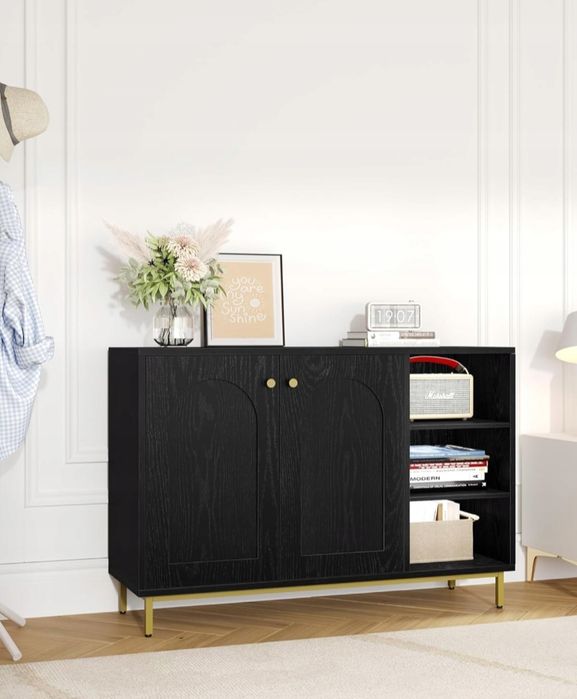 Szafka stojąca komoda kredens 100cm Pojemna GLAMOUR Czarna złote nóżki