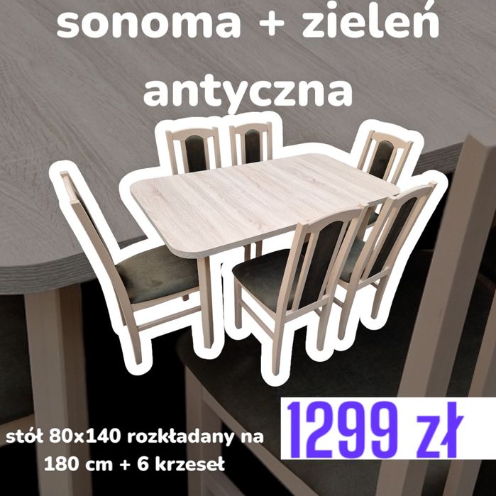 Nowe : Stół 80x140/180 + 6 krzeseł, sonoma + cappuccino, dostawa PL