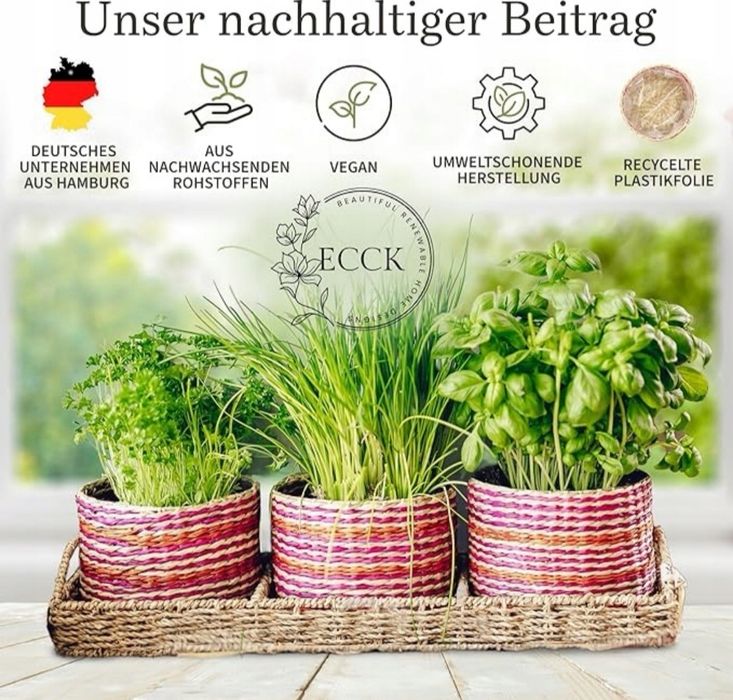 Doniczka na Zioła Kwiaty Trawa Morska zestaw 3 szt + podstawka 51x16x1