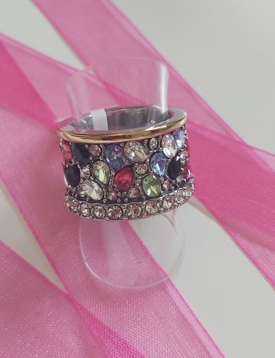 Anel bicolor, em aço, cheio de zirconias coloridas. T17
