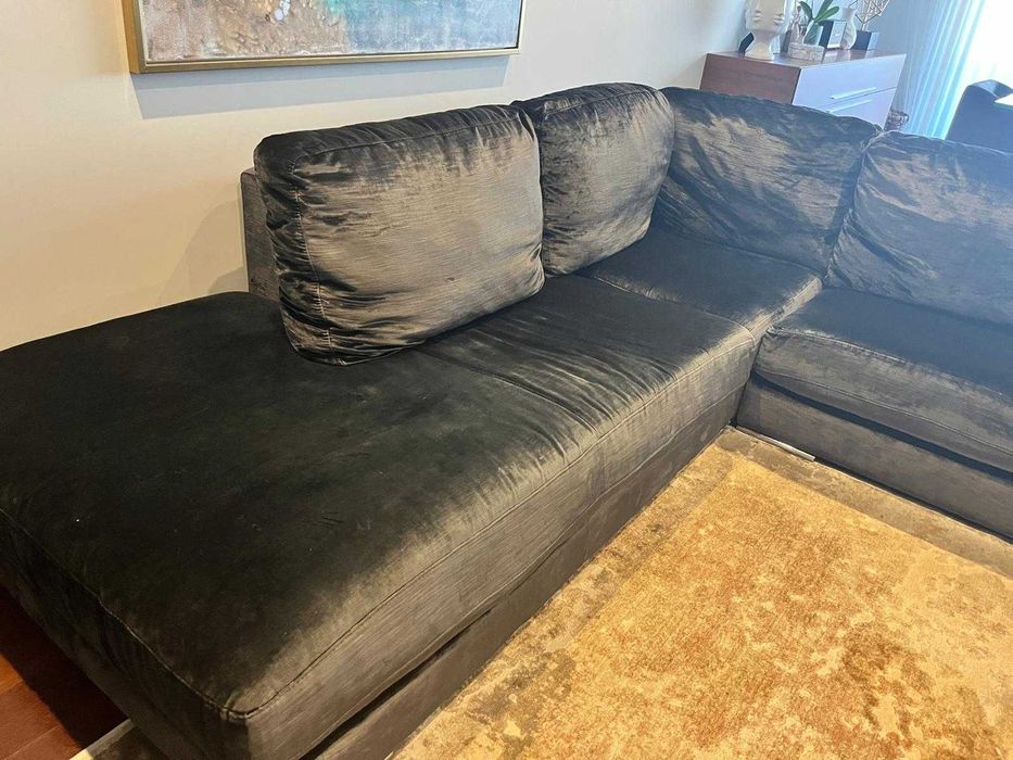 Sofá em Veludo Cinzento com Chaise Longue - Muito Bom Estado