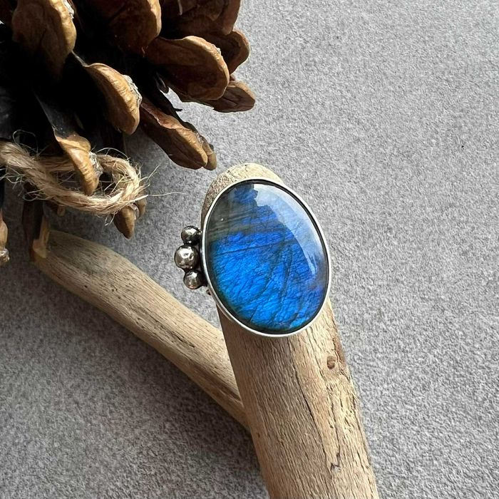 Pierścionek labradoryt niebieski srebro 925 regulowany rozmiar