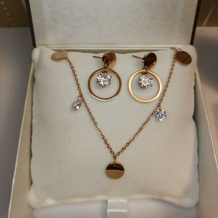 Nowy złoty komplet biżuterii z cyrkoniami różowe złoto Rose Gold