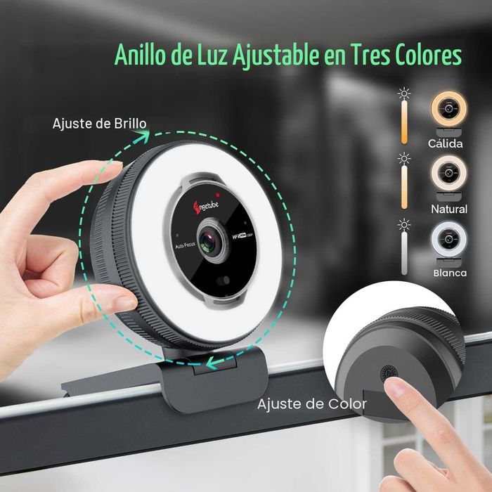 Angetube Streaming Webcam com microfone - Webcam USB 1080P 60FPS com luz de anel e controlo remoto - câmara Web HD com zoom digital 5X