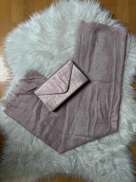 Zestaw torebka kopertówka i szal do sukni pudrowy róż ze srebrną nicią