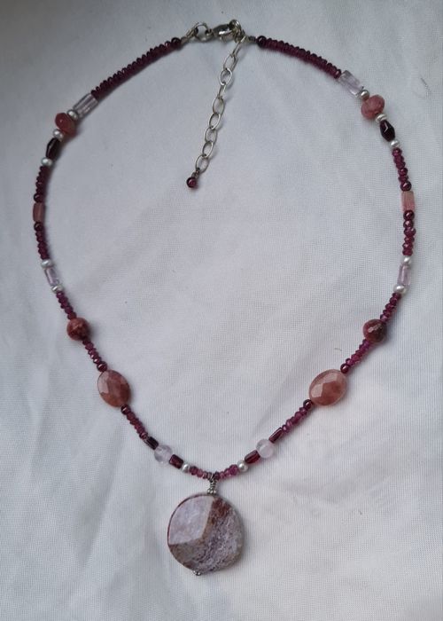 Подарок колье бусы розовые турмалины розовый кварц жемчуг серебро 925