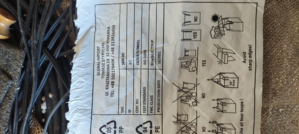 Worek Big Bag 90/90/200 cm ! Lej zasyp/wysyp NOWE 1200 KG - 7 szt.