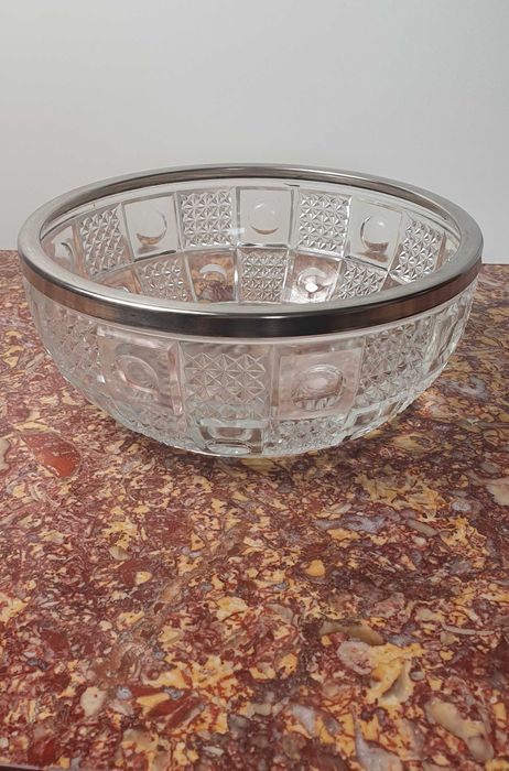 Stara kryształowa ciężka szlifowana szklana misa z posrebrzanym rantem