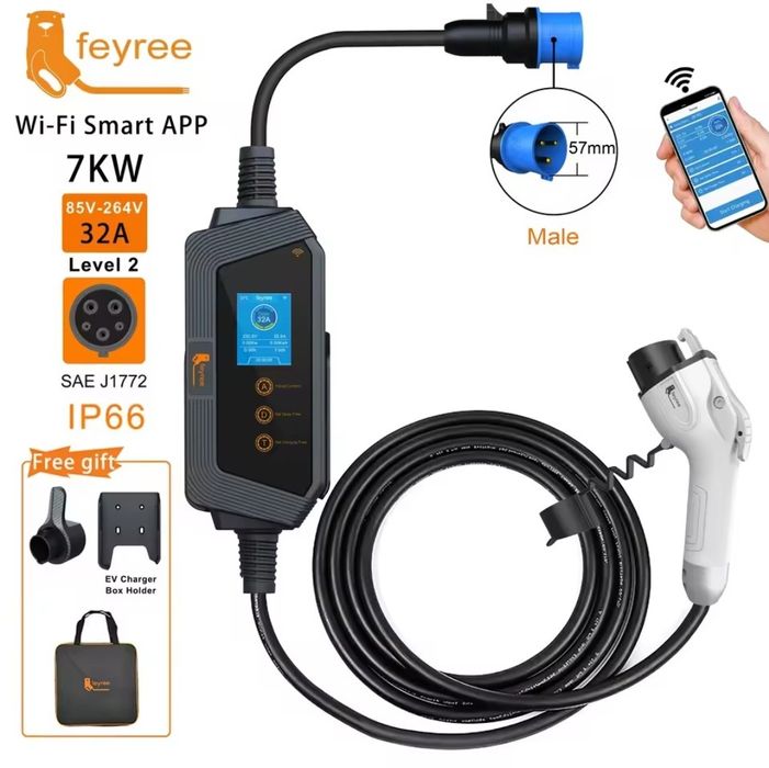 НАЙНИЖЧА ЦІНА‼️Зарядка FEYREE Type1/GBT 32A + WIFI! 7KW wallbox 5m