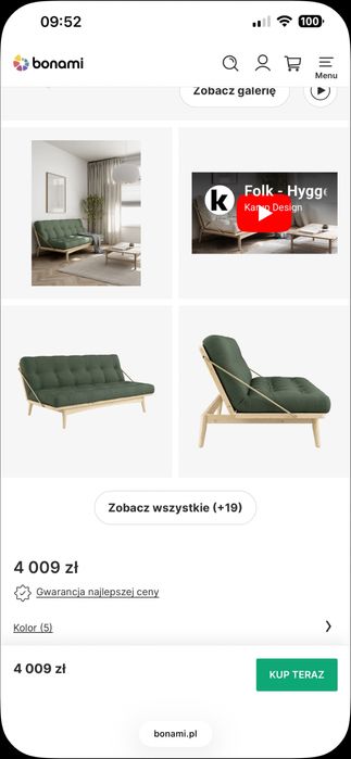 Zielony futon/rozkładana kanapa Karup Folk