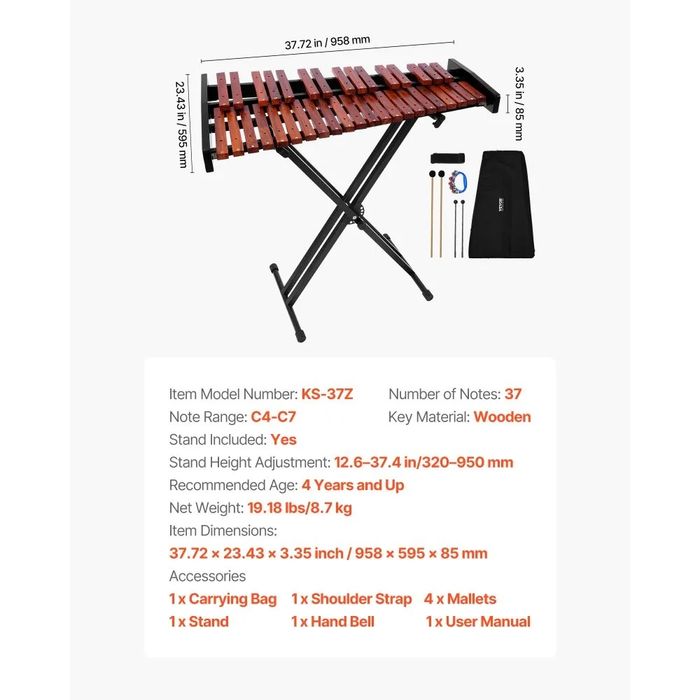 Xilofone Glockenspiel VEVOR, 37 notas, Instrumento de Percussão Profissional