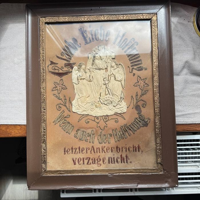 Stary obraz Wiara Miłość Nadzieja – Antyk, Haft, Punch Paper, XIX w.