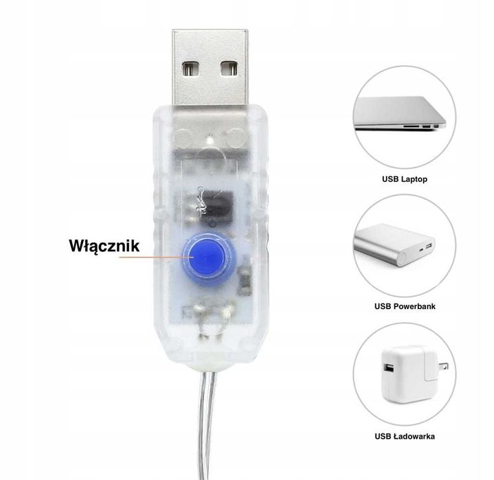 Kurtyna Świetlna Led Na Druciku 300 LED USB Biały Zimny Pilot