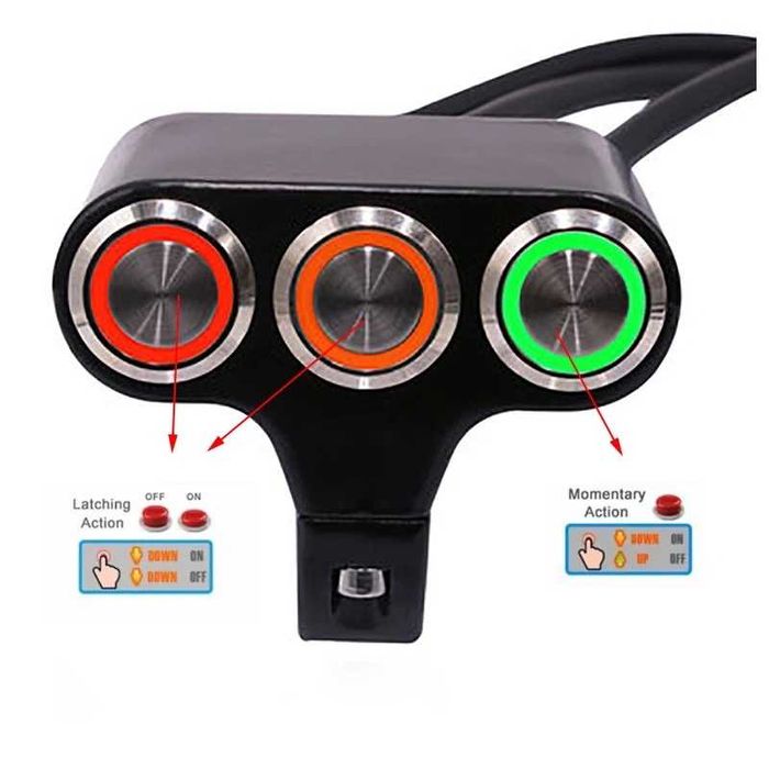Comutador iluminado 3 botões auto reset luz vermelha laranja verde