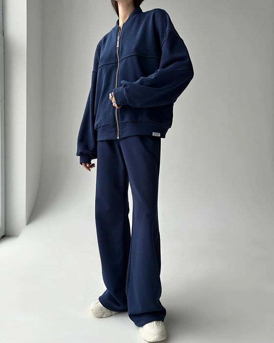 Темно-Синій Костюм із Зіп Бомбером та штанами на високій посадці Новий