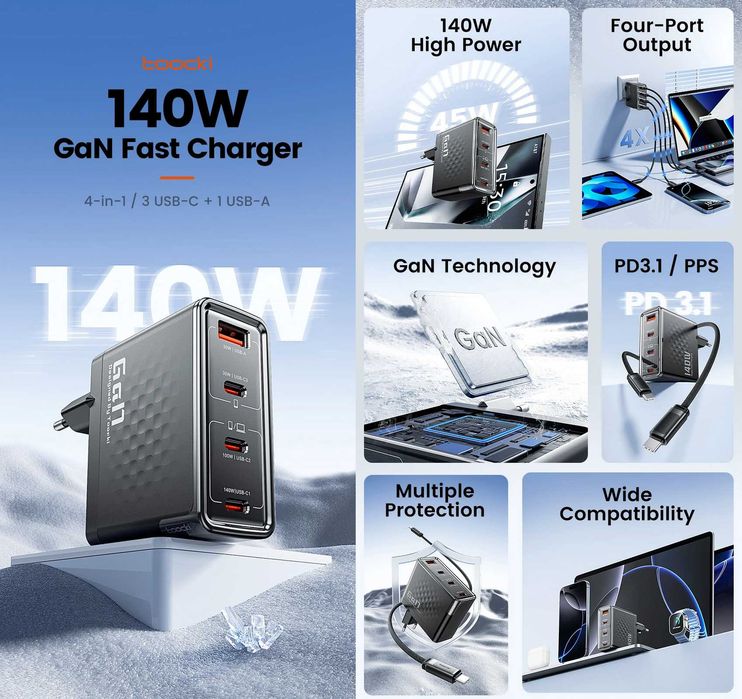 Зарядні пристрої TOOCKI 140W GaN Fast Charger 3C+A EU / 3C+2A EU