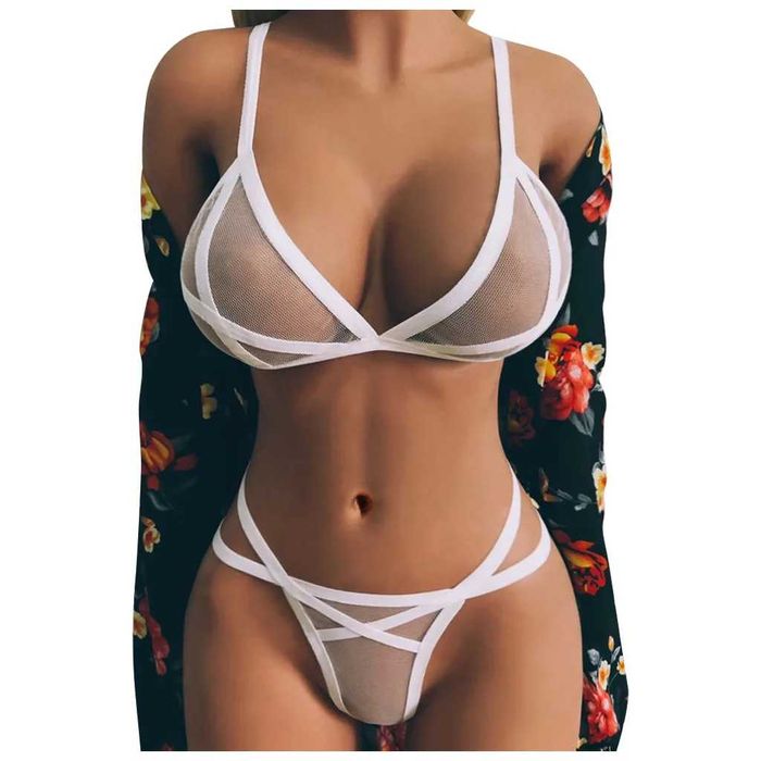 komplet bielizny erotycznej siatkowy gorset biały rozmiar S