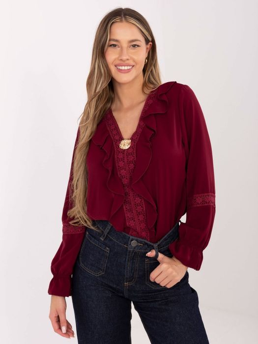 Burgundowa elegancka bluzka damska rękaw dzwon dekolt V ITALY MODA