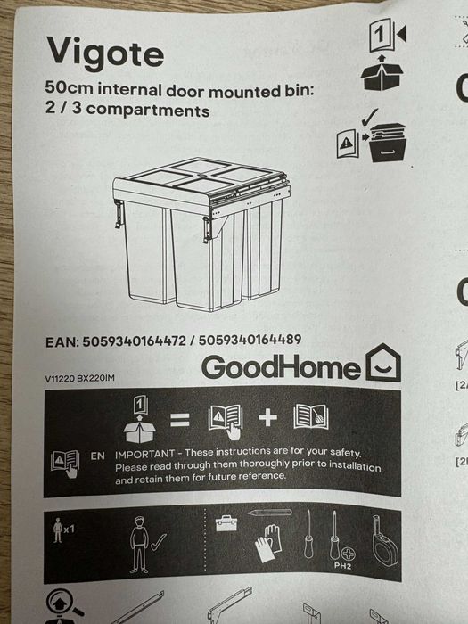 Висувний кухонний контейнер GoodHome Vigote, антрацит,для шаф 50 см./ сріблястий ефект, - 64 л