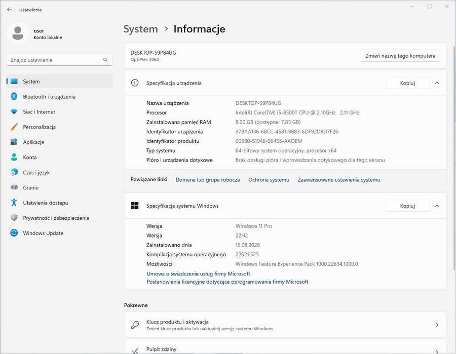 Komputer Dell Optiplex 3060 Micro i5-8500T 8GB 256SSD Windows 11