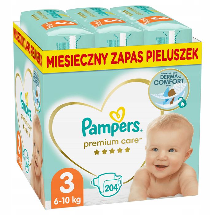 Pieluchy Premium Care Rozmiar Pampers Midi 3, 204 sztuk