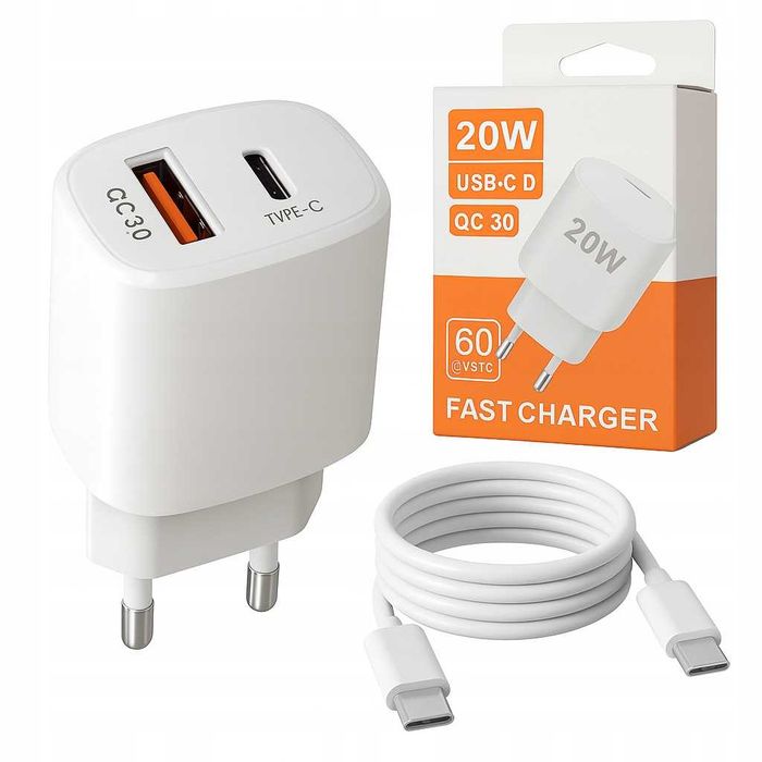 Zestaw szybka ładowarka sieciowa usb type-c +kabel type c pd20w 3000mm