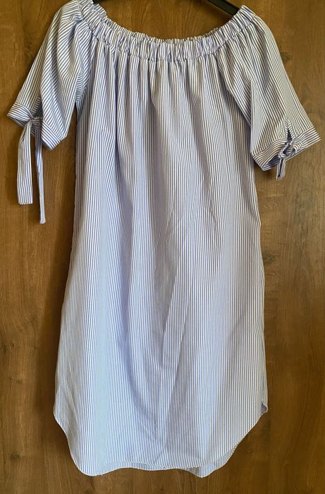 Sukienka błękitno-białe paski prążek koszulowa klasyczna