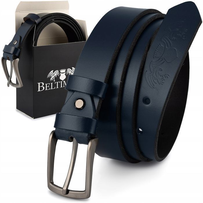 Beltimore skórzany pasek granatowy do spodni wąski 115 130 cm ze skóry