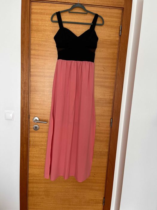Vestido comprido rosa e preto