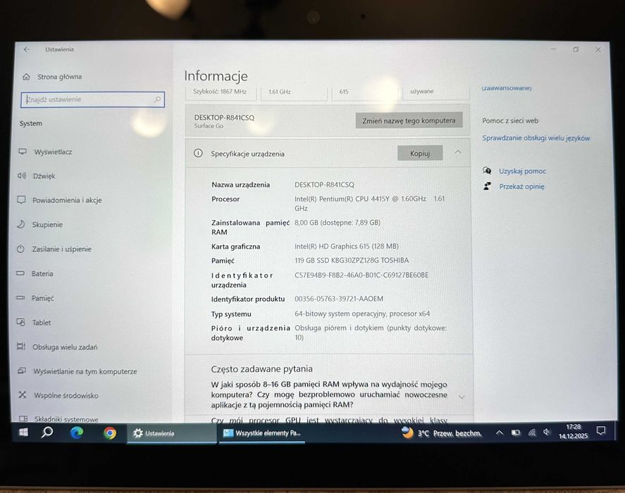 Microsoft Surface  Go 10 cali 8/128 uszkodzony bateria do wymiany