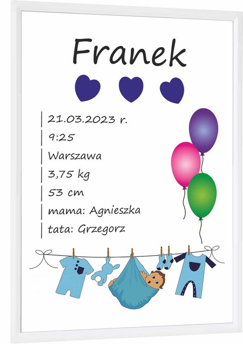 Personalizowana METRYCZKA dla dziecka NARODZINY CHRZEST + ramka! SUPER