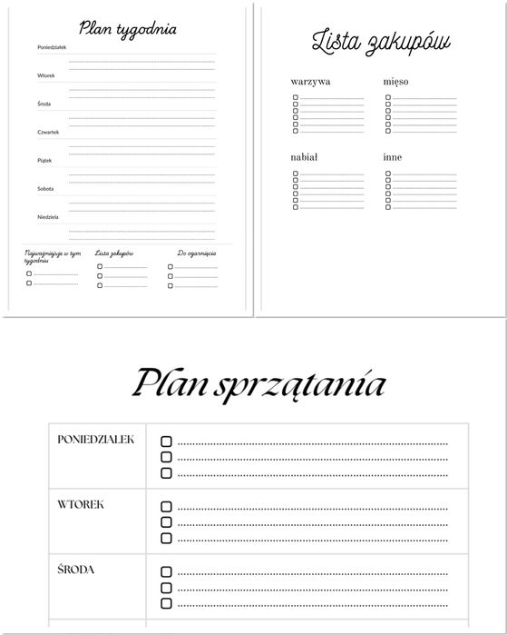 Planer tygodniowy PDF + lista zakupów + sprzątanie