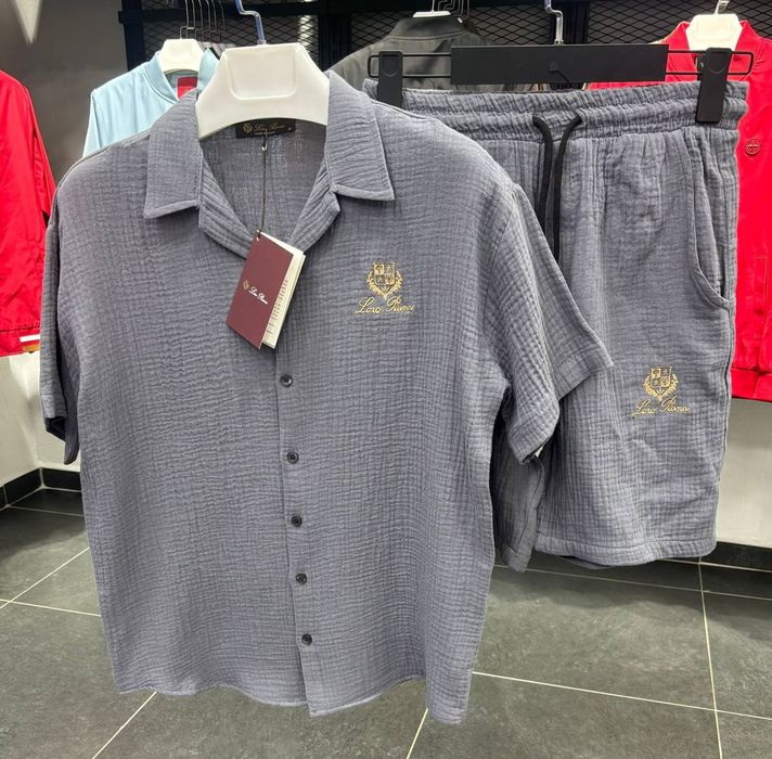 Костюм Чоловічий Мусліновий Літній сірий LORO PIANA Grey! Сорочка + Шорти! Костюм Муслиновый мужской на Лето! Літній Комплект Бавовна 100%! ХІТ!
