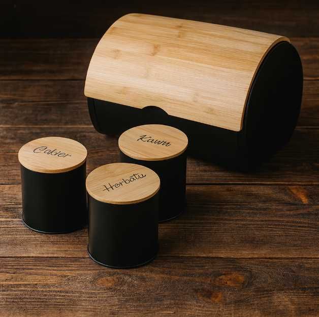 Duży Chlebak Czarny Drewniany Bambusowy Na pieczywo + GRATIS 3x Puszki