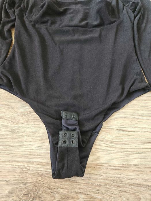 Body czarne długi rękaw figi marszczony dekolt opinające zara S M