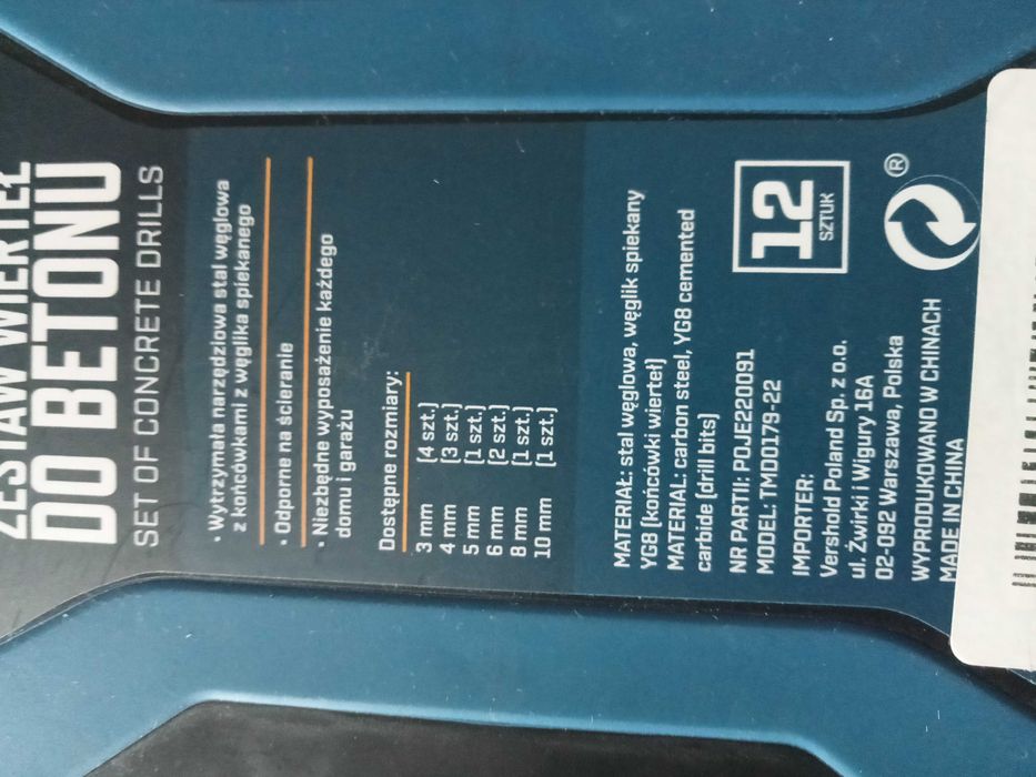 Komplet 12 szt. wierteł do betonu niteo