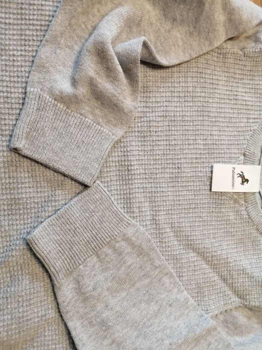 Zestaw, komplet, spodnie jeansowe, sweter szary elegancki r. 98