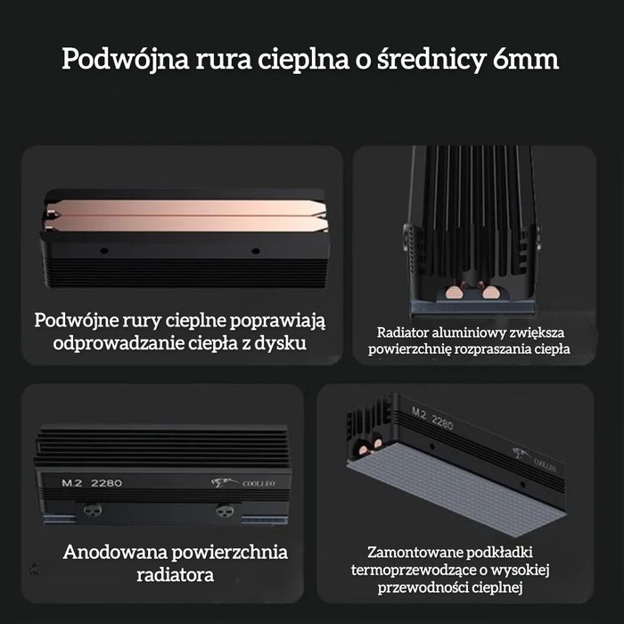 Radiator dysku SSD m.2 nvme 2280 dwa kolory, 2 x rurka cieplna