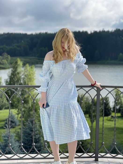 Блакитна сукня в клітинку Eldresse, льон, розмір S, міді
