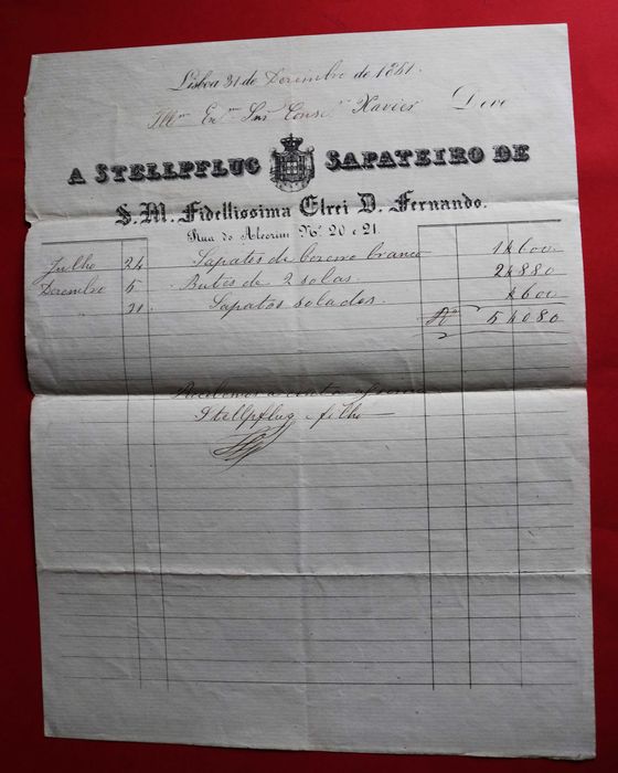 Stellpflug Sapateiro do Rei D Fernando II fatura 1861 Armas Reais